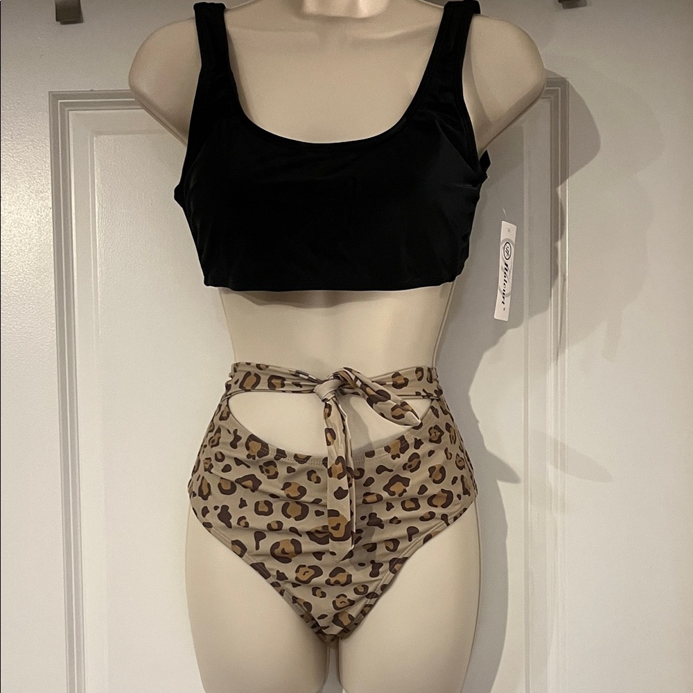 Black and Leopard Print Bikini Set